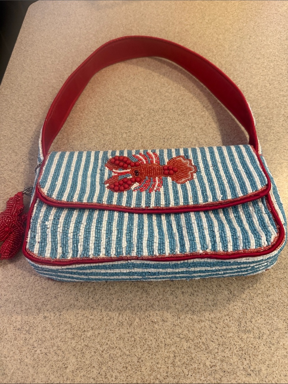 Red-Trim Blue & White Striped Beaded Shoulder Bag with Lobster Accent